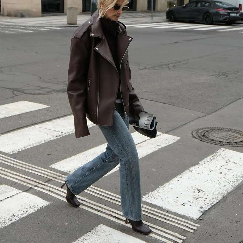 Designer Street PU Leather With Collar Long Sleeve Zipper Fashion Jacket, New Motorcycle Casual Loose Women's S M L XL 2Xl Jacket