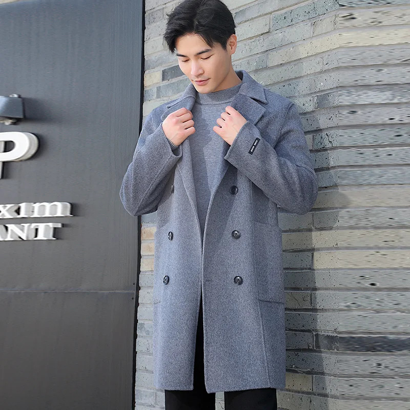 100 Merino Wool DoubleSided Coat Mens Suit Collar DoubleBreasted Coat Handmade Long HighStreet Business Top With Pocket 241024