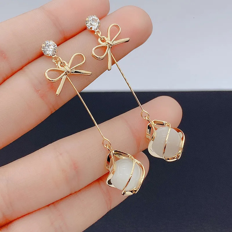 Trendy Metal Frame Dangle Opal Earrings for Women Golden s Bow Knot Drop Wedding Party Long Jewelry Gift 241031