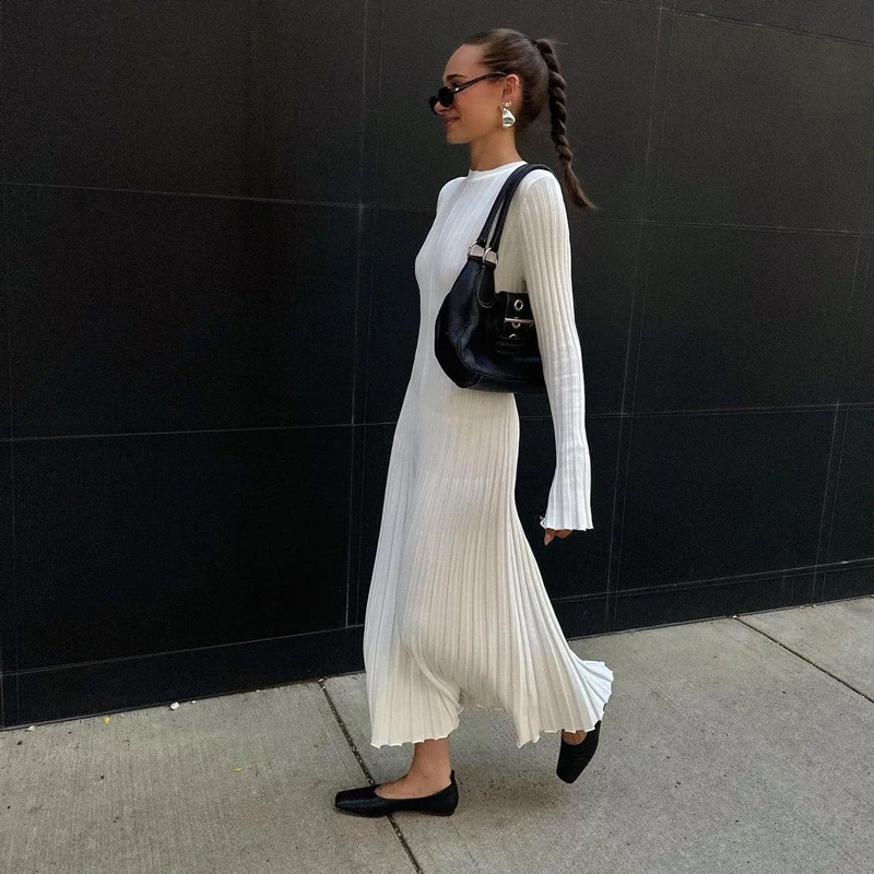 Lace-Up Female Knit Maxi Dress Autumn High Waist Fashion Patchwork Long Sleeve Loose Solid Dress Bandage Knitwear Dress 241031