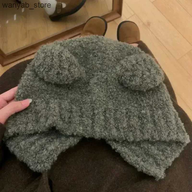 Wide Brim Hats Bucket Hats Cute Bear Ear Wool Hat Autumn and Winter Warm Versatile Lace-up Ear Protection Knitted Bomber Cap Bonnets for Women Gorros 