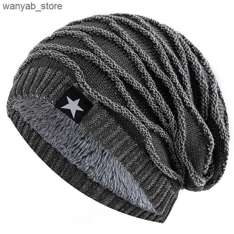 Wide Brim Hats Bucket Hats New Unisex Slouchy Winter Hats Add Fur Lined Men And Women Warm Beanie Cap Casual Five-pointed Star Decor Winter Knitted Ha