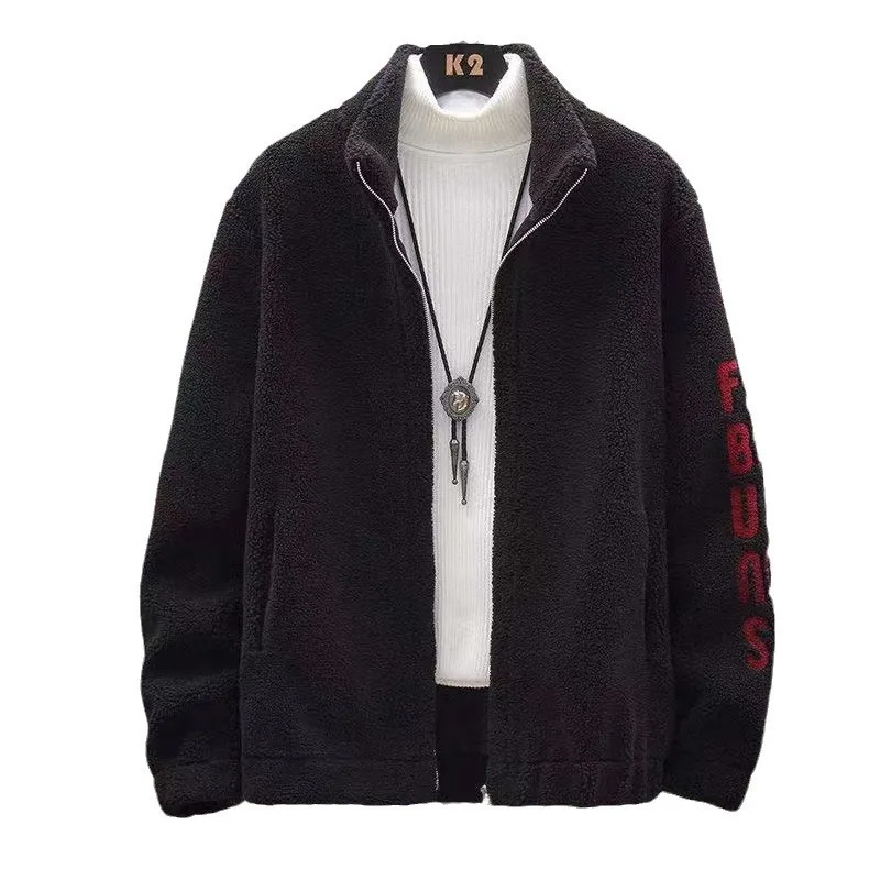 Autumn and Winter Mens Fleece Standing Neck Jacket Embroidered Sweater Leather Wool Lamb Coat Clothes Top 241031