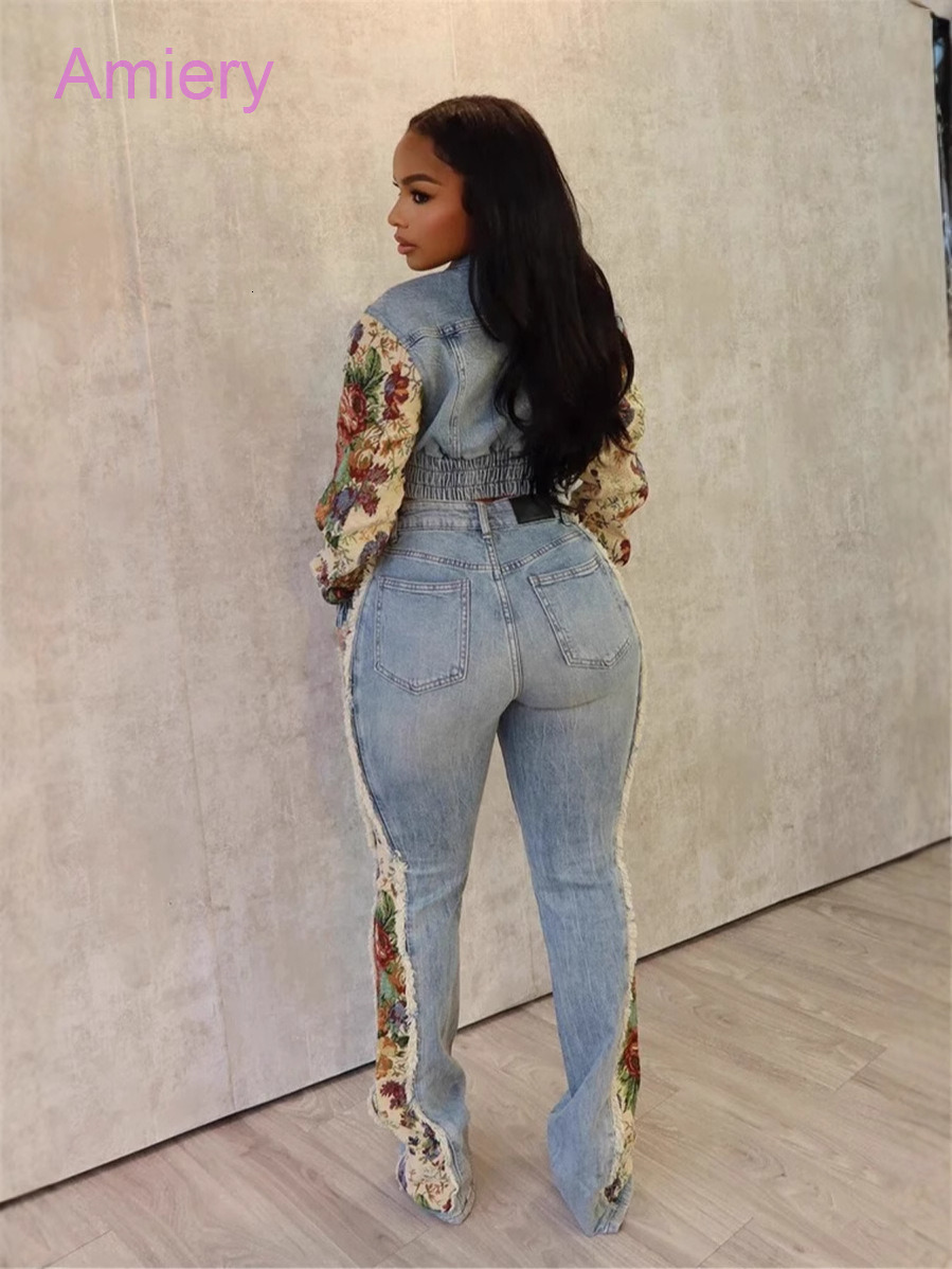 Denim Floral Ptinted Patchwork Two Piece Set Women 2024 Fall Winter INS Tracksuit Full Sleeve Jacket And Ripped Jeans Pants Casual Suit 2PCS Sets For 
