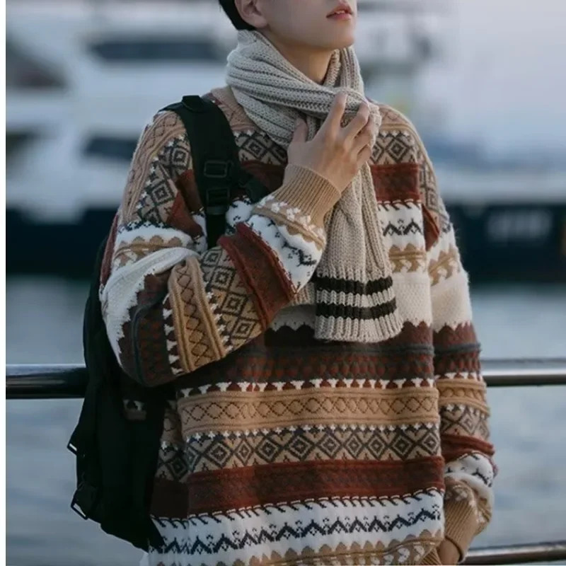 Mens Christmas Sweater Autumn Winter Round Neck Japanese Vintage Striped Knitted Top Lazy Loosefit Jacket 241031