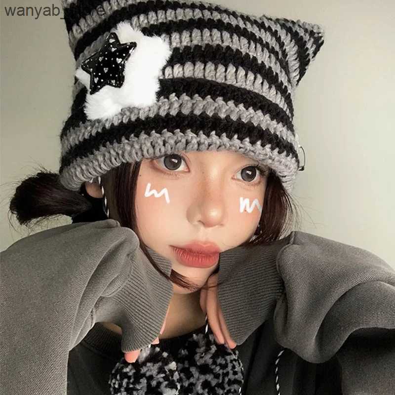 Wide Brim Hats Bucket Hats Cute Ear Knitted Hat For Women Winter Warm Pullover Cap Plush Ball Striped Sweater Beanie Korean Girl Star Woolen Crochet B