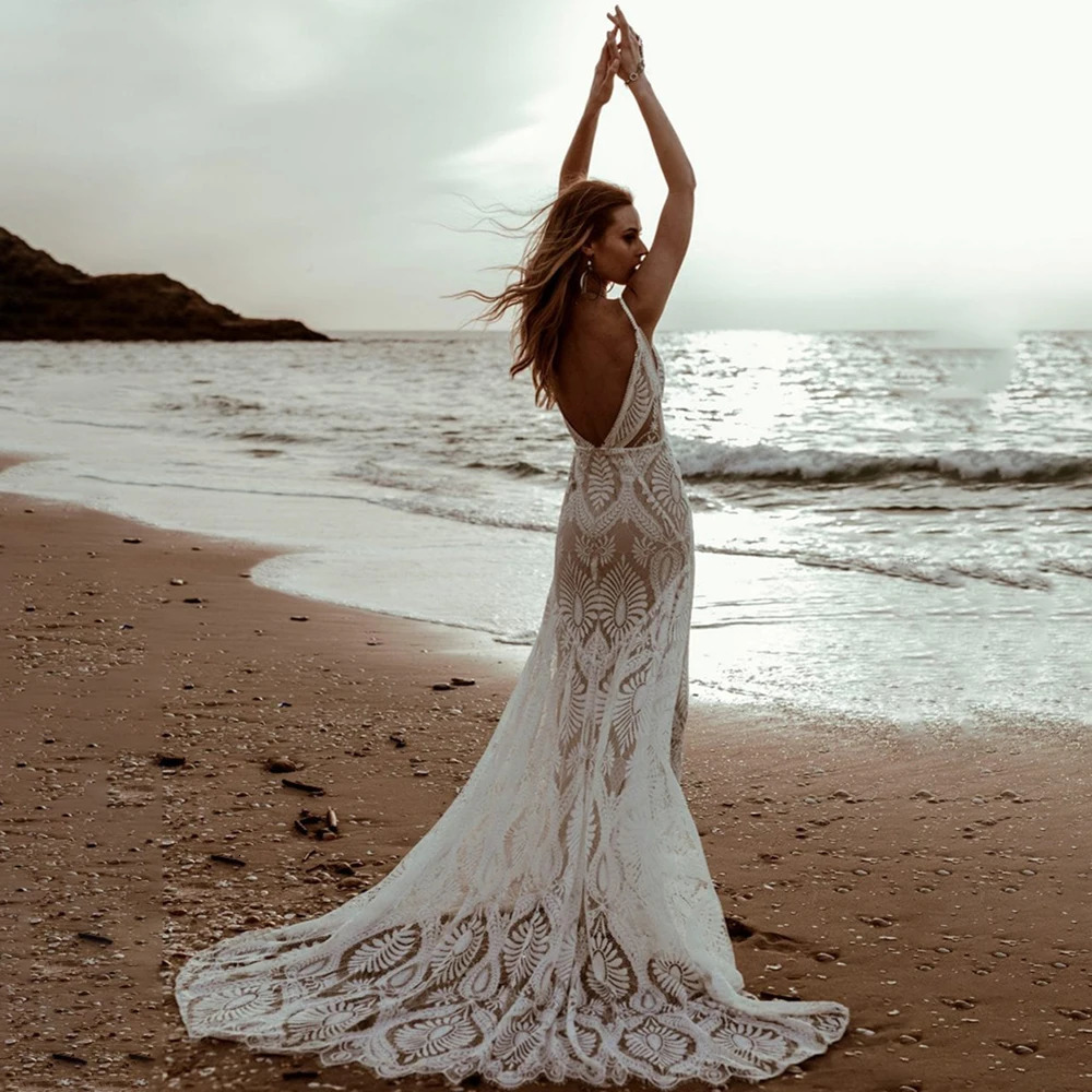 DREAM Sexy Lace V Neck Beach Mermaid Wedding Dresses 2023 Spaghetti Straps Sleeveless Bridal Backless Vestidos De Novia 240329