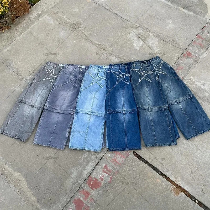 2024 Trendy Streetwear Trousers American Retro Embroidered Washed Distressed Baggy Jeans Men Gothic Punk Wide-leg Straight Pants 241031
