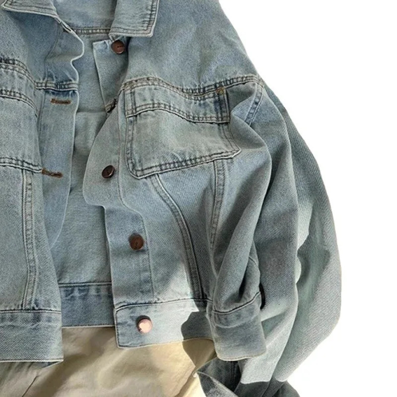 Ins Korean Wash Cotton Retro Denim Jacket Womens Spring and Autumn Thin Korean Version Loose Short Long Sleeve Shirt 241031