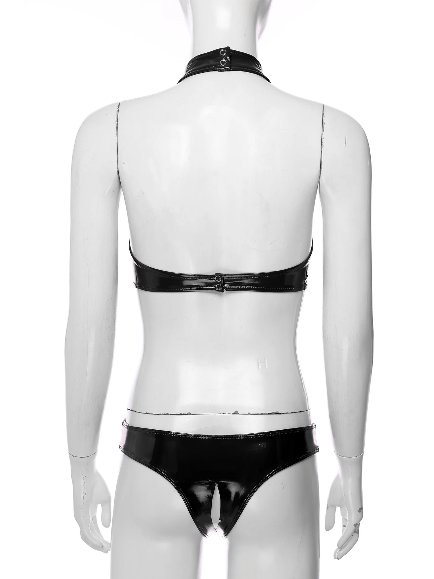 Womens Sexy Bare Chested Lingerie Set Patent Leather Underwear Suit Open Cups Bra Tops with Crotchless Briefs Nightwear Clubwear 241031