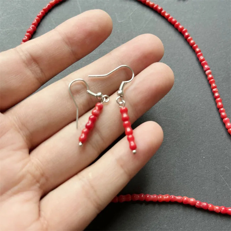 3 * 6MM Bamboo Bone Red Coral Natural Stone Jewelry Set Bead Necklace Earrings Bracelet Necklace Fashion Simple n Party 241031