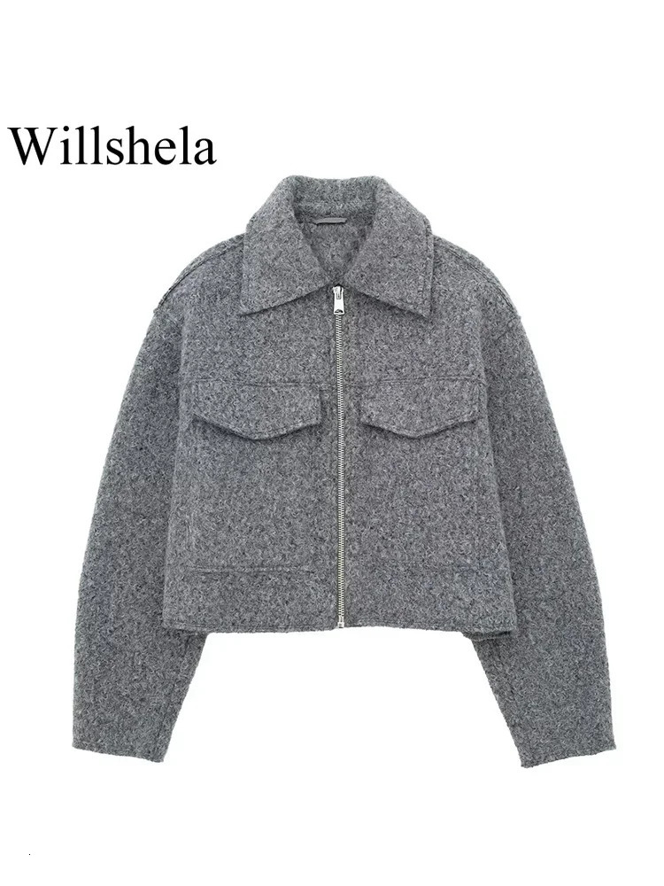 Willshela Women Fashion With Pockets Grey Front Zipper Jackets Vintage Lapel Neck Long Sleeves Female Chic Lady Outfits 241024
