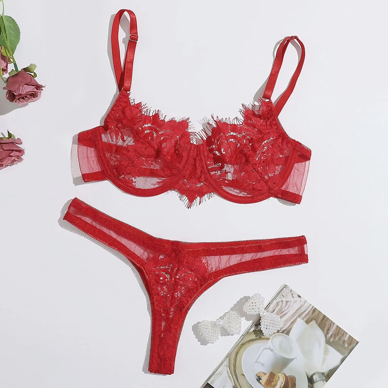 Women Sexy Red Christmas Lace Mesh Transparent Lingerie Sets Erotic Underwear With Steel Ring And Panties Sets Seductive Costume 241031
