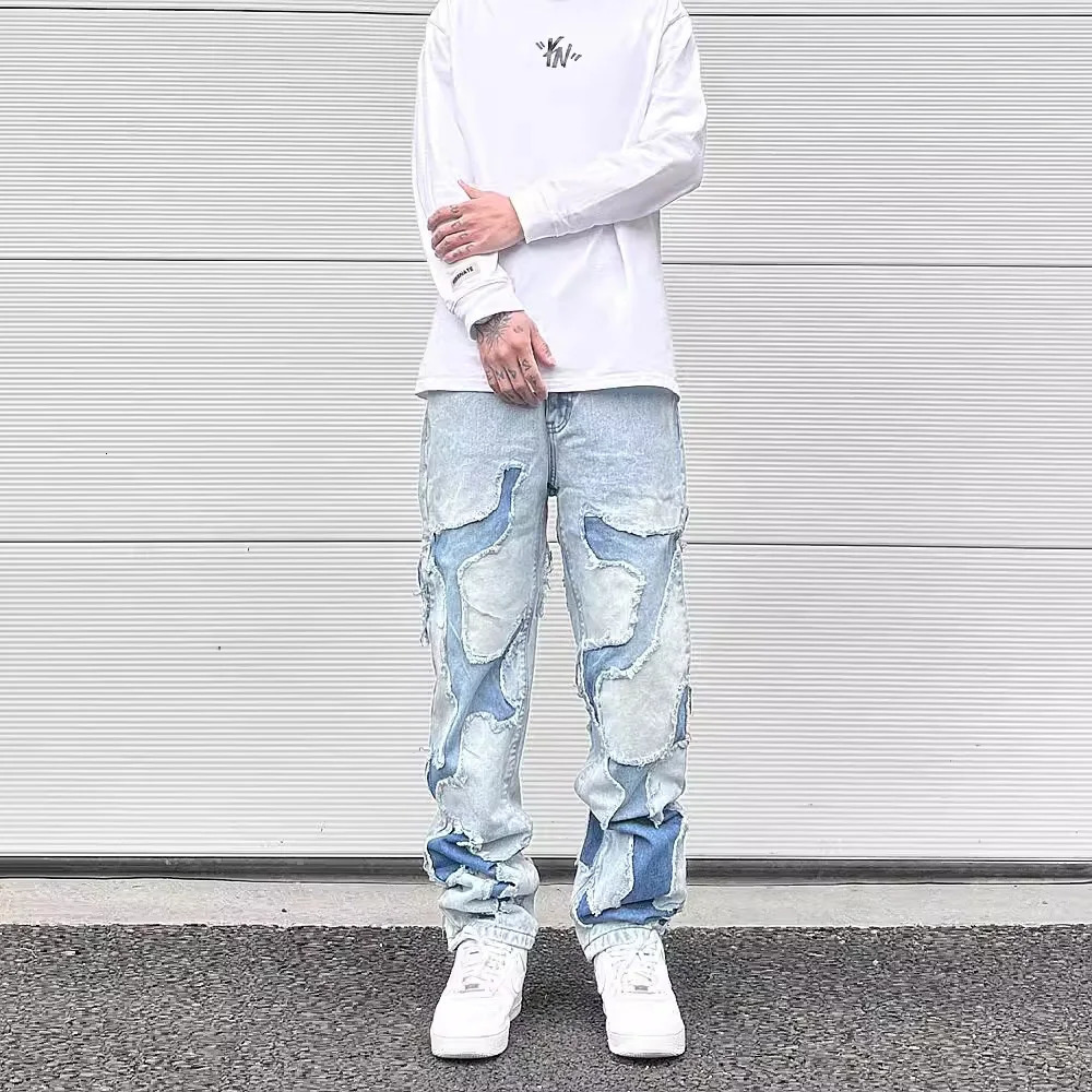 Streetwear Swag Style Blue Frayed Jeans Pants for Men Retro Washed Ripped Casual Tapered Denim Trousers Slim Fit Y2k Jean Male 241024