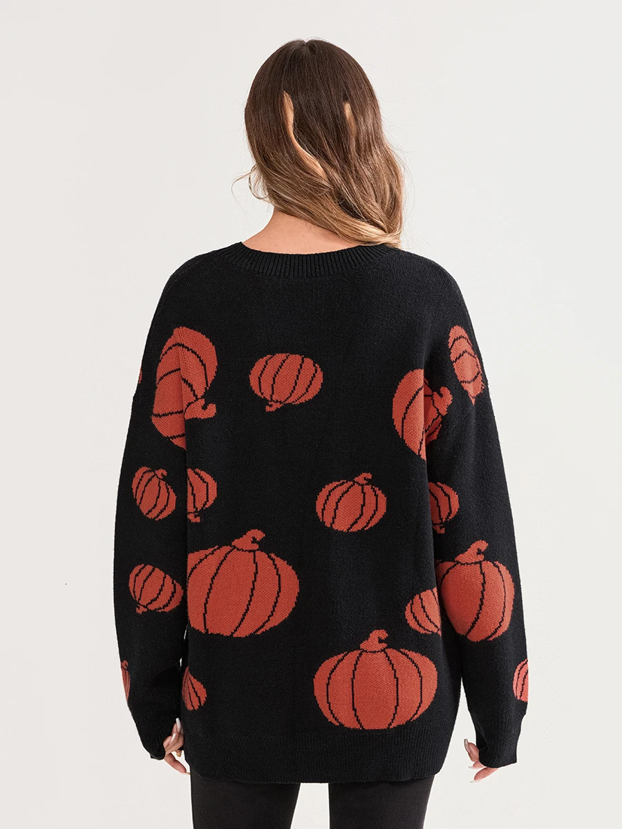 Women Halloween Knit Sweater Ghost Pattern Long Sleeve Round Neck Pullovers Fall Winter Casual Jumpers Tops with Spooky Vibes 241029
