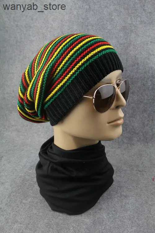 Wide Brim Hats Bucket Hats 2022 New Unisex Jamaica Slouch Beanie Winter Rainbow Striped Warm Knitted Hat Beret Cap Winter Reggae Baggy Cap Ladies Bonn