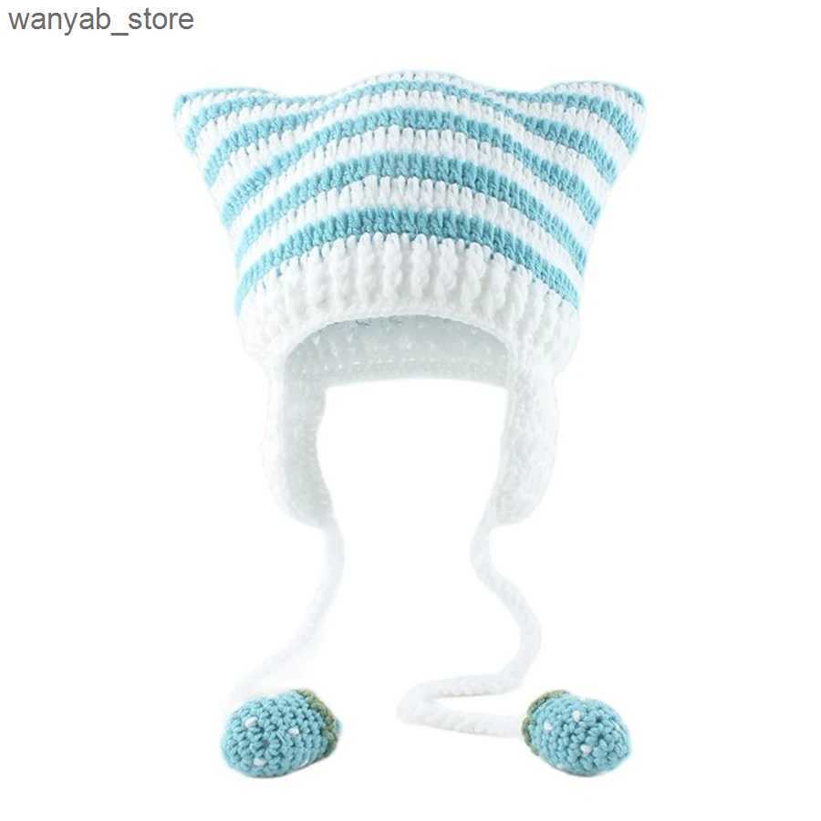 Wide Brim Hats Bucket Hats Autumn Winter Skullies Beanies Cute Women Cat Ears Knitted Hat Handmade Crochet Earflap Costume Beanie Hats Girls Hip-hop C