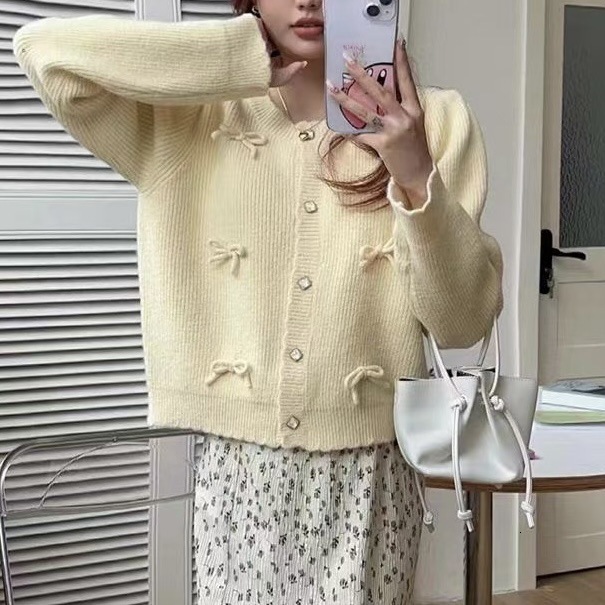 Autumn And Winter New Korean Girls Bow Sweet Cardigan Fashionable Age Reducing Gentle Wind Round Neck Knitted Top For Women F1101#43