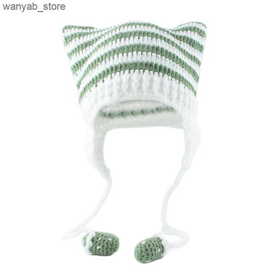 Wide Brim Hats Bucket Hats Autumn Winter Skullies Beanies Cute Women Cat Ears Knitted Hat Handmade Crochet Earflap Costume Beanie Hats Girls Hip-hop C