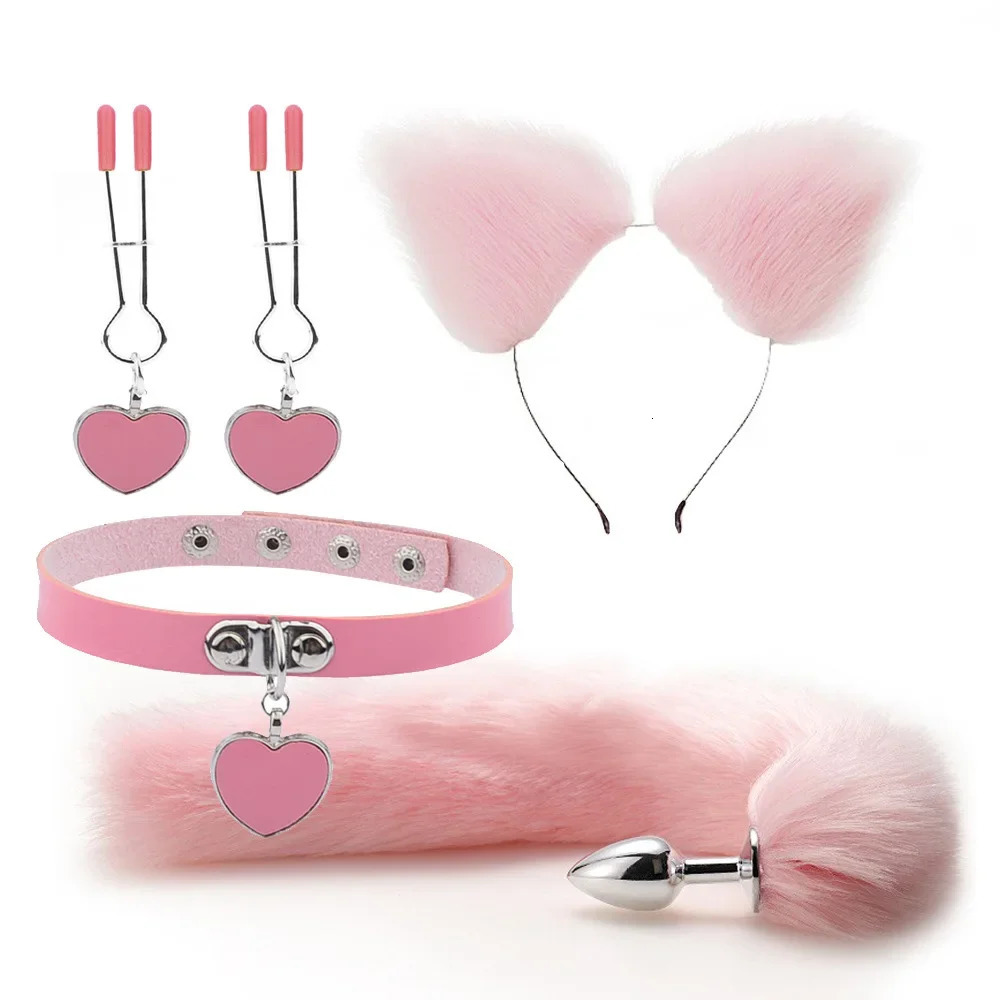 Anal Sex Toys Fox Tail Butt Plug Sexy Plush Cat Ear Headband With Bells Necklace Set Massage Sex toys For Women Couples Cosplay 241031