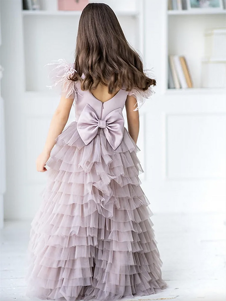 Flower Girls Dresses Appliques Spaghetti Straps Ball Gown Ruffles Tulle Wedding Bow Sash A Line Sequins Long Toddler Teens Pageant Party Gowns 0509