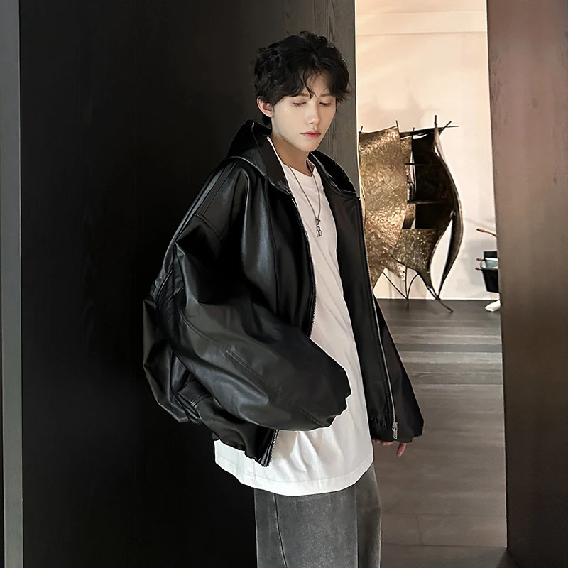 Oversized retro loose Pu leather puff sleeve short sleeved jacket for mens streetwear mens zipper retro motorcycle jacket 241031