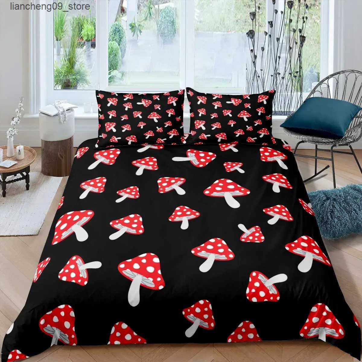 Bedding sets Red Mushroom Kawaii Comforter Set Twin Size Kids Bedding Set Botanical Plant Theme Print Quilt Bed Set for Boys Girls Adults L240910