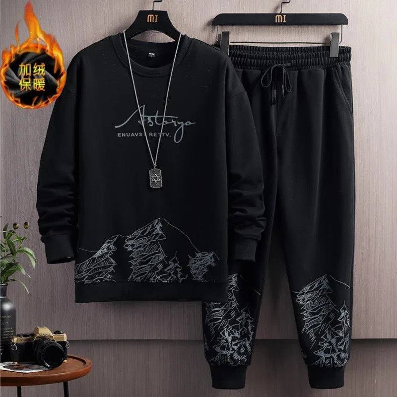Autumn Winter Men Trendy Vintage Print Fleece Thick Sweatshirt Long Sleeve Sports Hoodie Casual Streetwear Loose Sweatpants Sets 241031