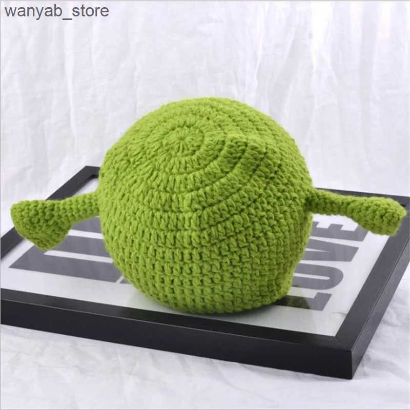 Wide Brim Hats Bucket Hats 2024 New Monster Shrek Hat Wool Winter Knitted Hats Green Party Funny Beanie Skullies Cap for Women Men Pure Handmade L2409