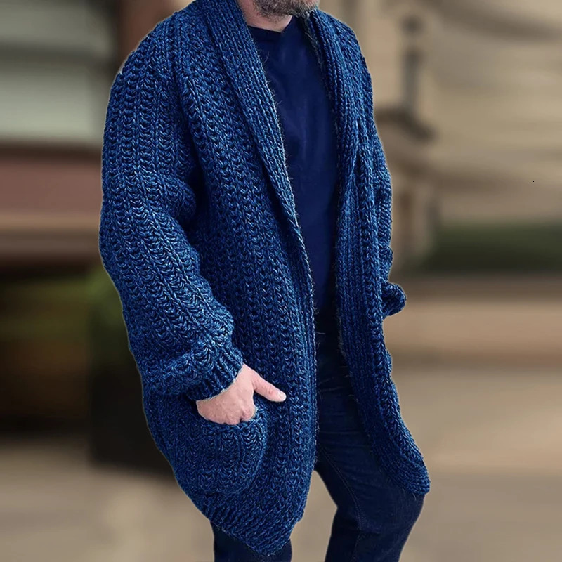 Vintage Solid Color Knitting Long Cardigan Mens Autumn Winter Casual Sleeve Loose Sweatercoats For Men Streetwear Knitwear 241029