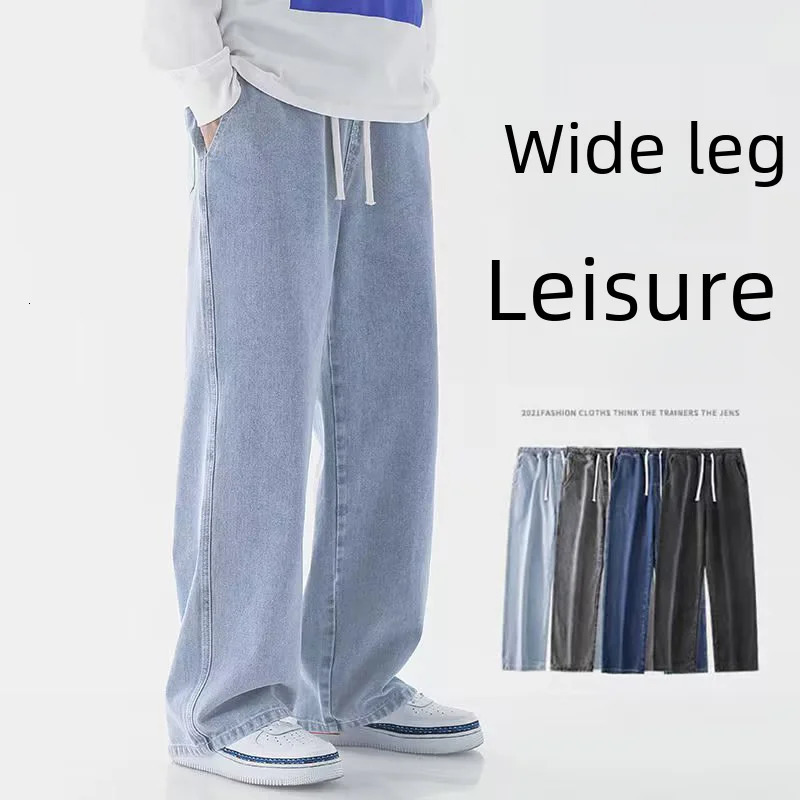 Spring Autumn Mens Jeans Japanese Vintage Elastic Waist Casual Straightleg Pants Trendy Wideleg Trousers Loose Fit 241024