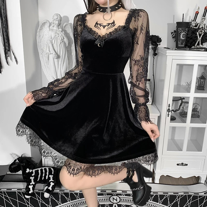 Womens Gothic n Short Dress 2024 Printed Slim Lace Splicing Classical Busty Dresses for Women 241031