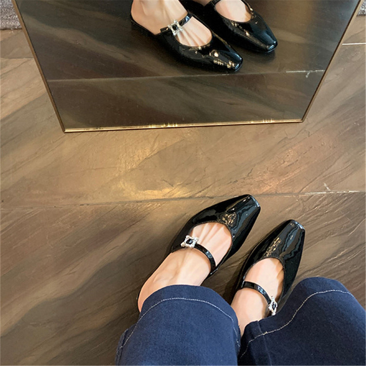 Women's Fashion Slipperes:Pointed Toe Low Heel France Gentle Style Diamond Triple Black/Apricot,Free shipping