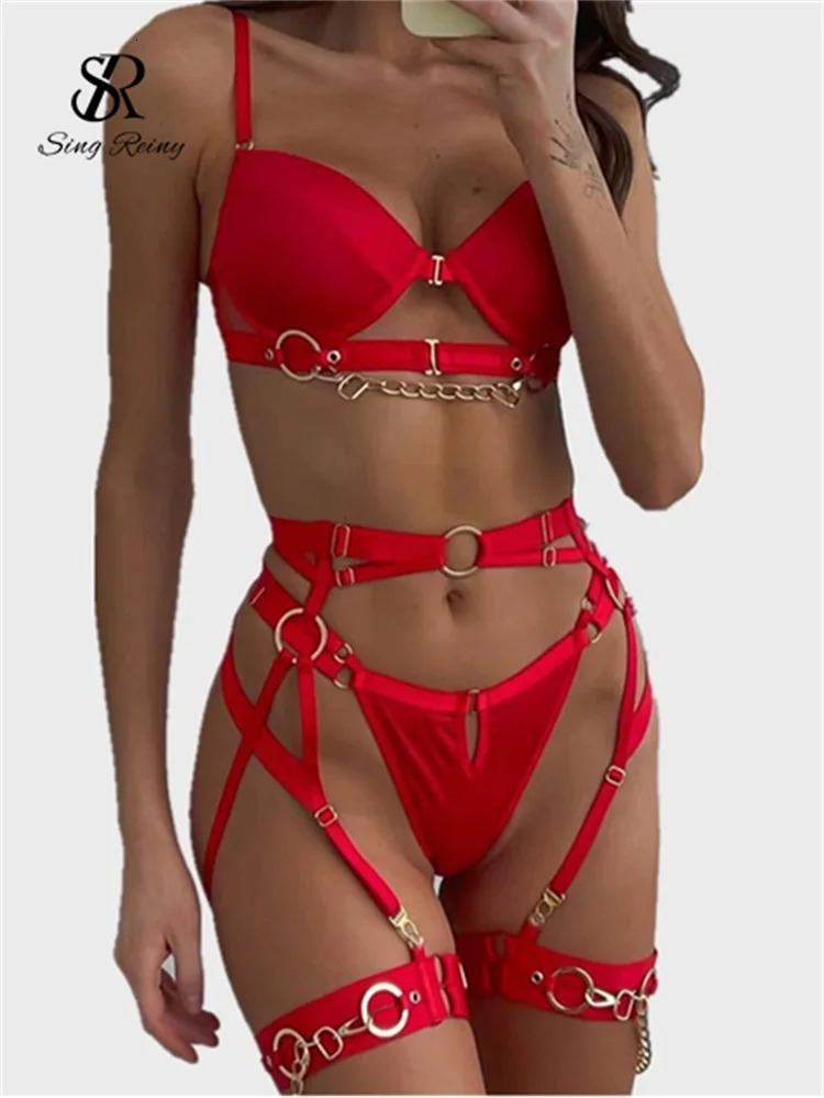 SINGREINY Sexy Fashion Chain Erotic 3 Pieces Sets Ladies Straps Backless Corset Underwear Solid Erotic Sensual Bra Briefs Suits 241031