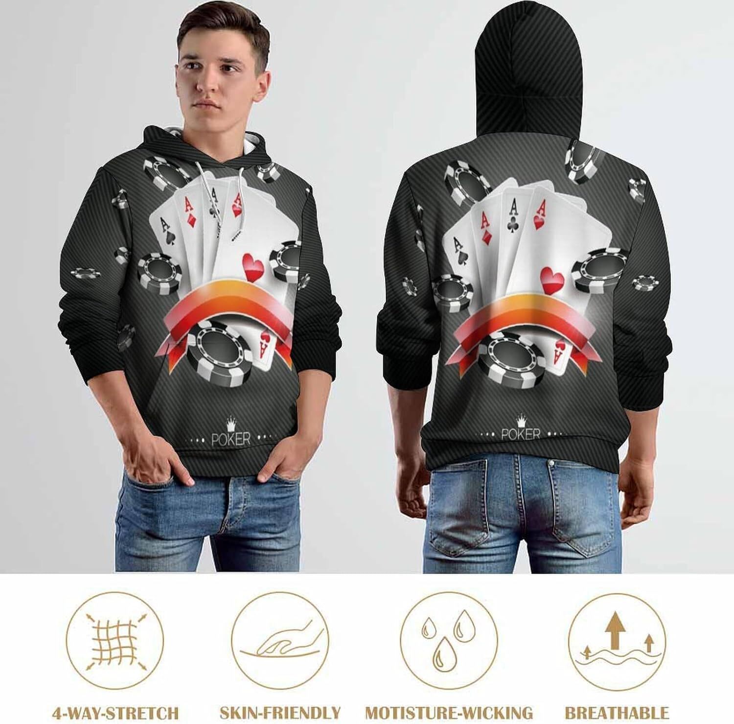 Hoodie for Mens Womens Mens 3D Novelty Hoodies, Display of The Spread Chips Poker Cards Lifestyle Creative fashion Graphic Hoodies sweatshirt Pullover
