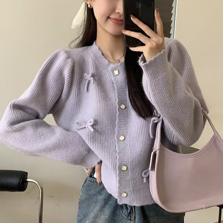 Autumn And Winter New Korean Girls Bow Sweet Cardigan Fashionable Age Reducing Gentle Wind Round Neck Knitted Top For Women F1101#43