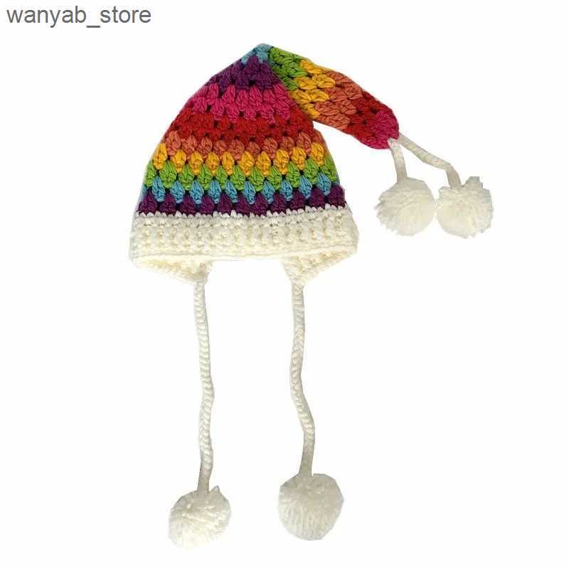 Wide Brim Hats Bucket Hats Childrens crochet rainbow long tail hat wizard elf knitted wool warm hat men and women thickened winter long braided hat L2