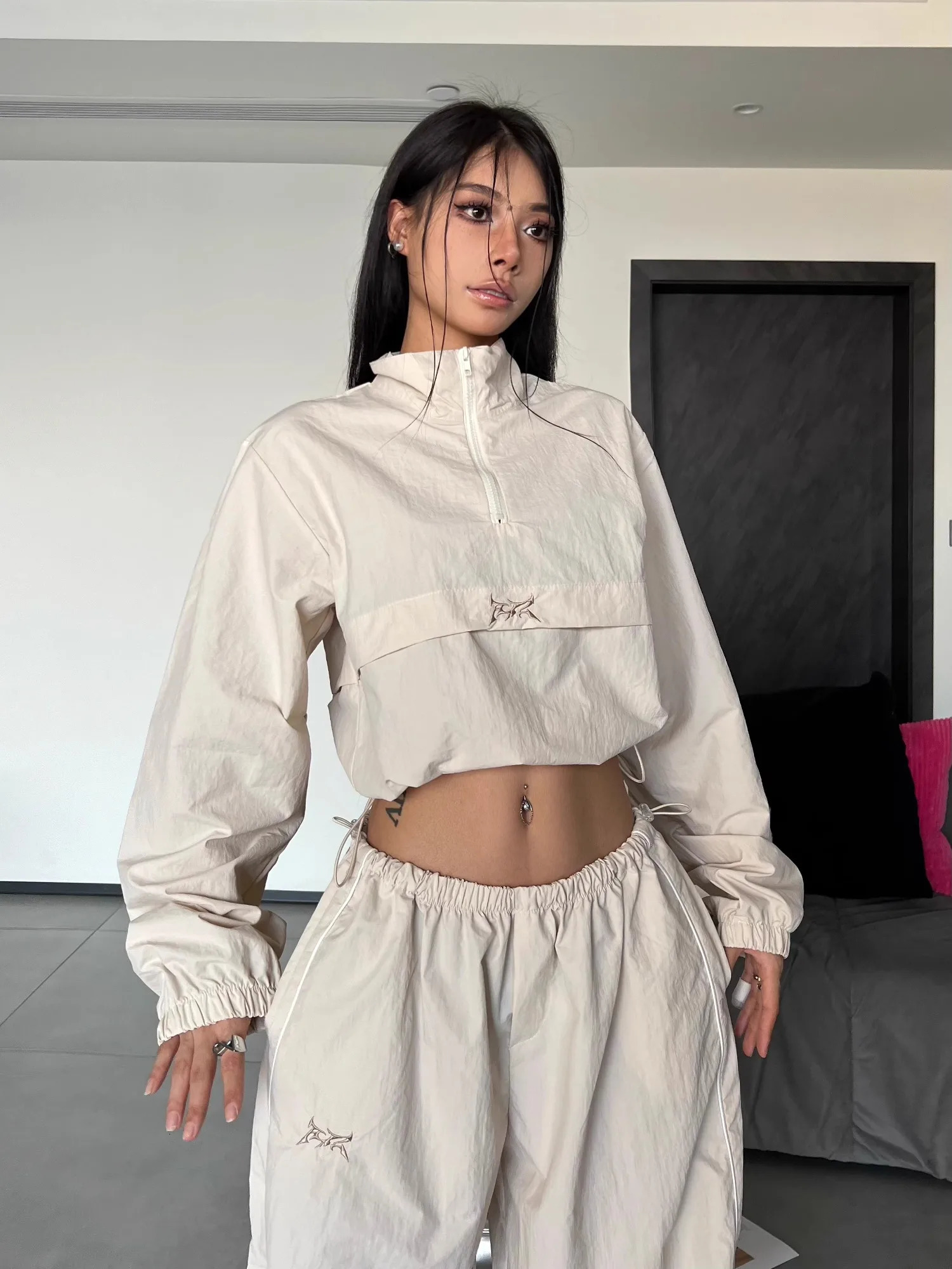 QWEEK Y2K Streetwear Khaki Pants Sets Women Gorpcore Vintage 90s Beige Tracksuit Oversized Kpop Fashion Harajuku Two Piece Set 240320