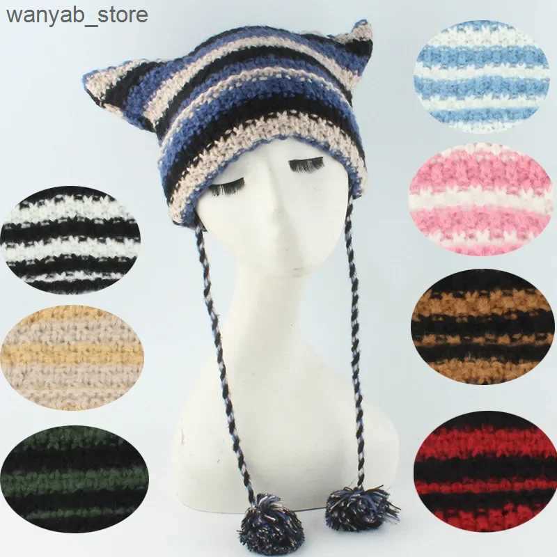 Wide Brim Bucket Hats Japanese Y2K Cute Black White Striped Cat Ears Wool Women Autumn Winter Warm Little Devil Hanging Ball Knitted Beanie Hat L24091