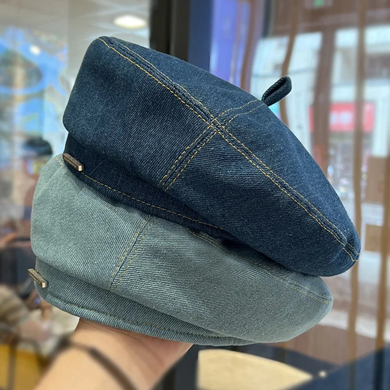 Cowboy Beret Hat Female Spring Autumn Temperament Face Small Big Head Metal Lettering Label Artist Male Outdoor Warm Sports M526 241031