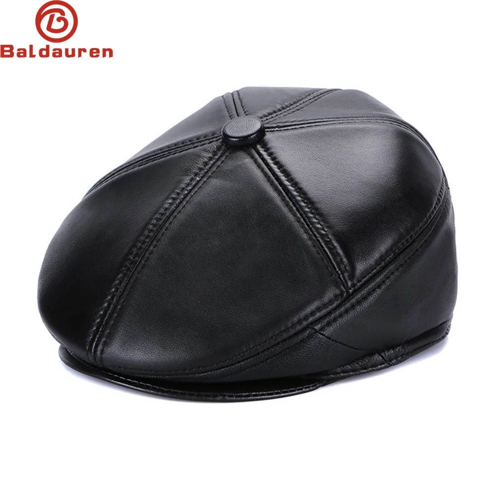 2024 Real Sheep Leather Berets Man Black Casual Duckbill Hats Vintage 100 Genuine Winter Warm Flat Caps 241031