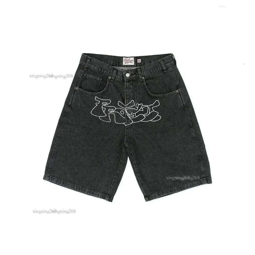 Men's Pants Shorts Harajuku Hip Hop Letters Embroidery Vintage Blue Baggy Jeans Denim Gym High Waist Mens Basketball Jorts