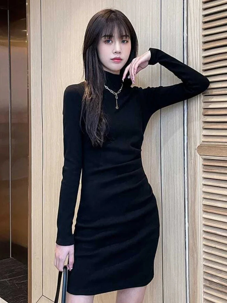 Crochet Dresses for Women Black Turtleneck Extreme Mini Woman Knitted Dress Bodycon Short Pleated Curvy Cotton Long Sleeve Loose 241031