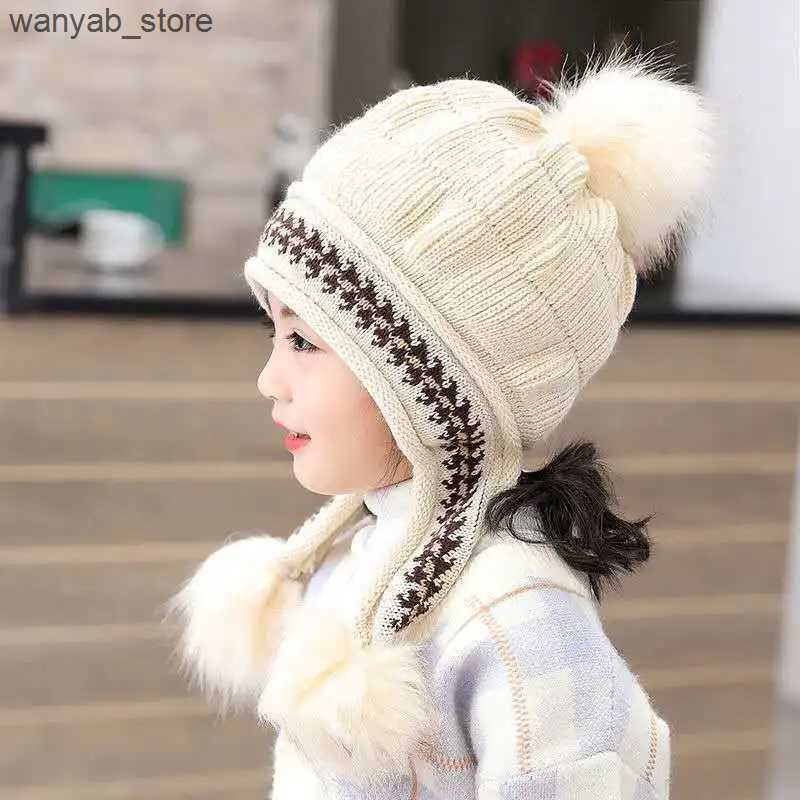 Wide Brim Hats Bucket Hats 3-10years kids princess hat Cute little girls knitted hat warm ear protection hat knitted scarf L240910