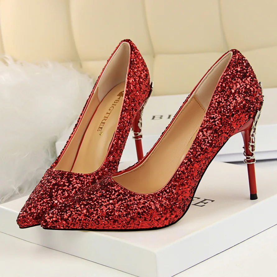 Women 10cm High Heels Fetish Pumps Lady Glitter Metal Carving Wedding Bridal Heels Bling Party Scarpins Shoes 241031