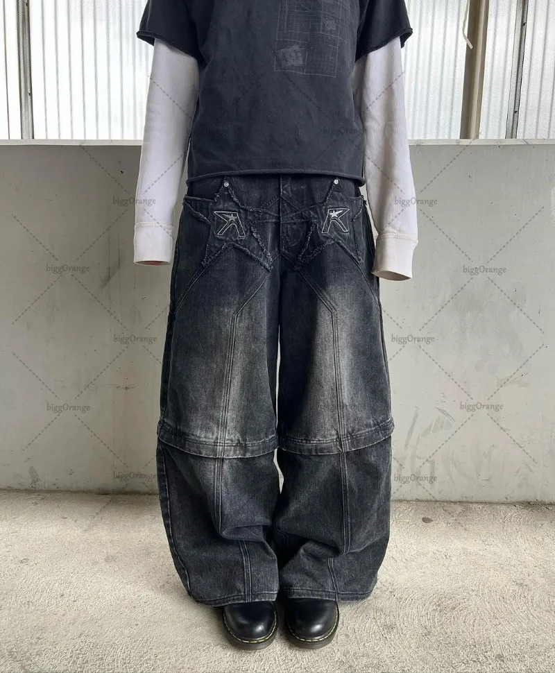 2024 Trendy Streetwear Trousers American Retro Embroidered Washed Distressed Baggy Jeans Men Gothic Punk Wide-leg Straight Pants 241031