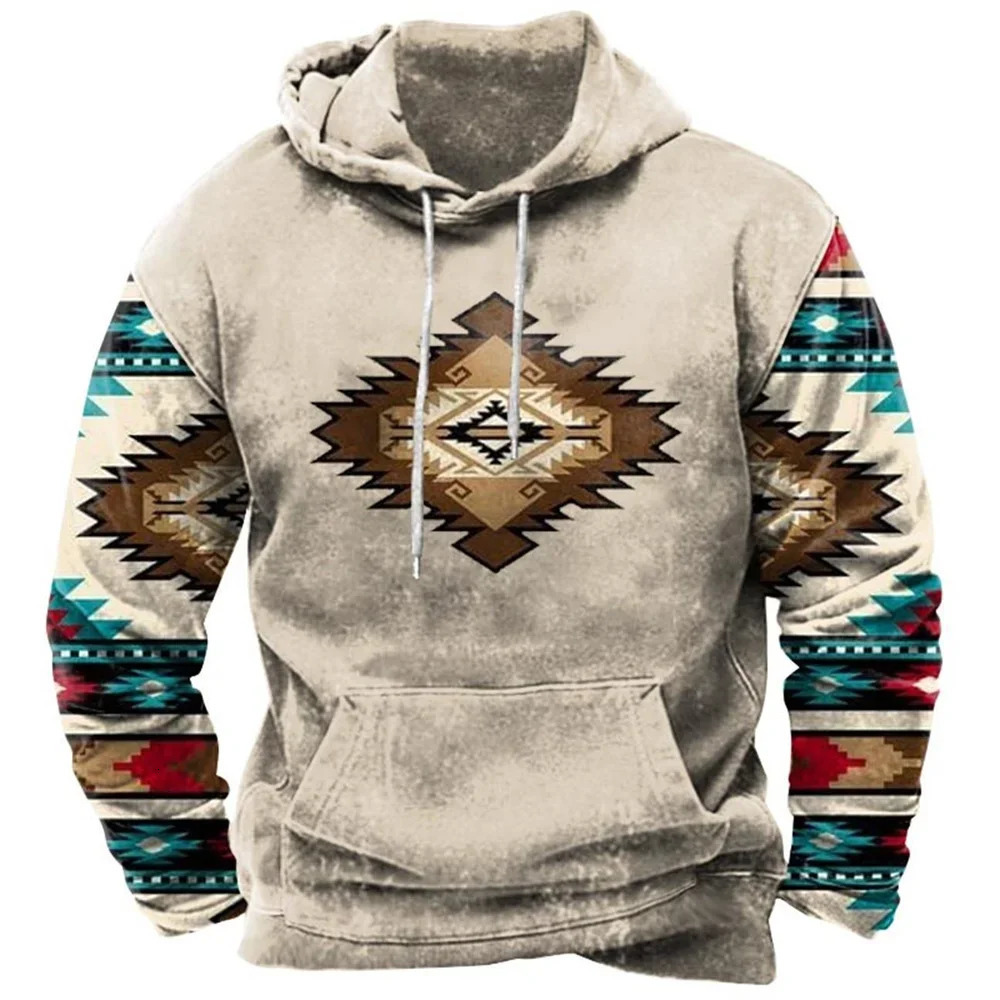 Retro tribal style mens hoodie fashion sportswear Spring and Autumn loose floral casual jacket street clothing oversized top 241031