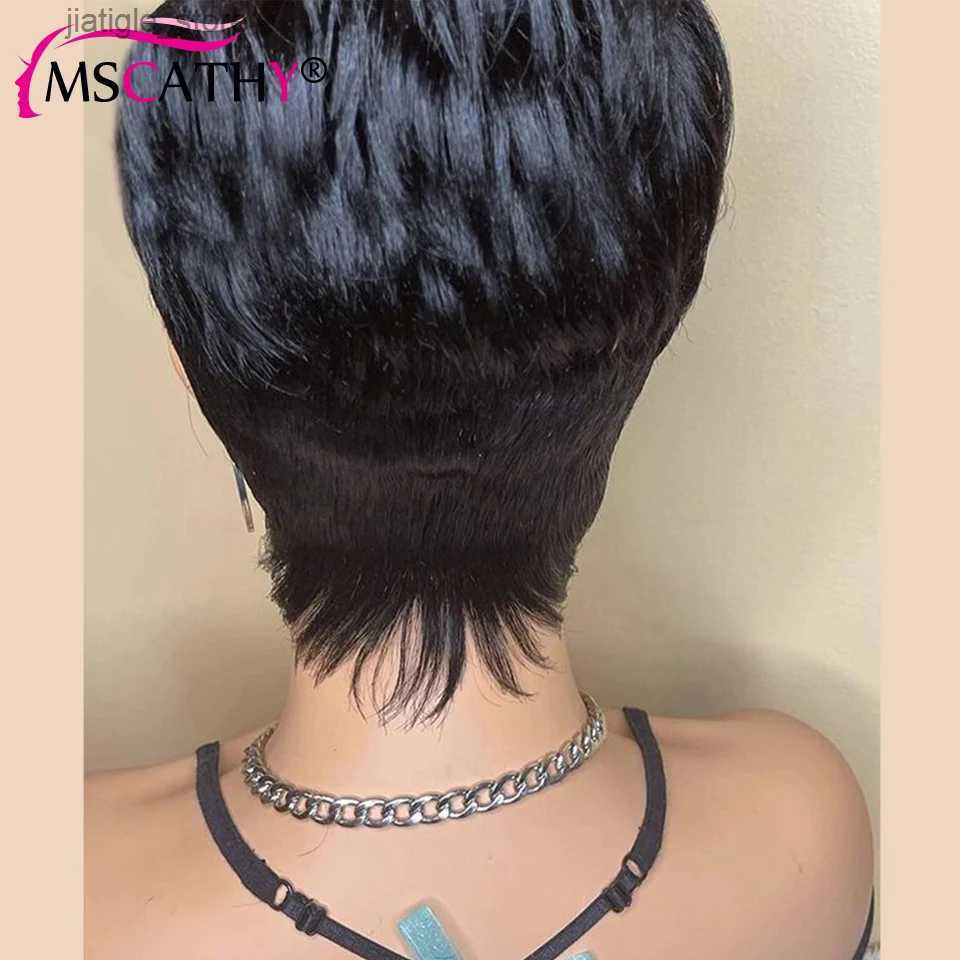 Synthetic Wigs Mini Pixie cut Remy human hair wig ready to wear glue free straight natural color full machine made Bob wig with bangs Y240401