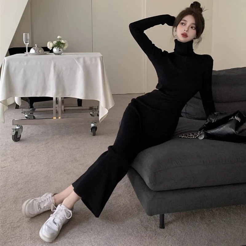 Sexy Black Turtleneck Knitted Bodycon Dres Autumn Winter Long Sleeve Sweater Dress Woman Korean Bottoming Dresses 241031