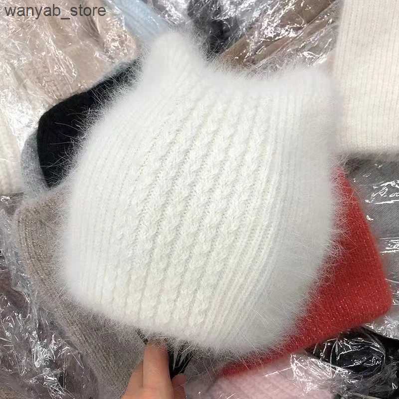 Wide Brim Hats Bucket Hats 2024 winter Angora rabbit hair warm knitting cat ear cute leisure lady Skullies Beanies cap men women cool hat L240910